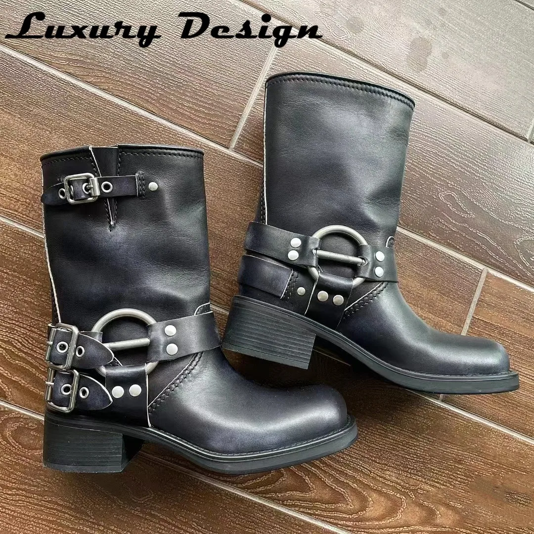 

Women Platform Combat Boots Zip Chuny Heel Metal Buckle Vintage Casual Shoes Luxury Designer Western Mid Calf Botas Mujer