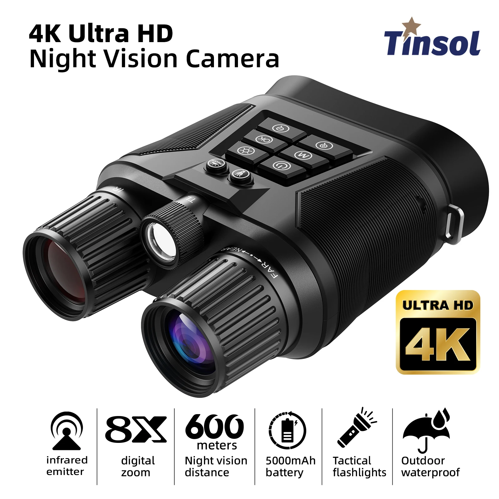 Tinsol 600M Infrared Night Vision Telescope Hunting camera 3.0 Inch 4K HD 8x zoom Anti-shake Digital Binoculars with Flashlight