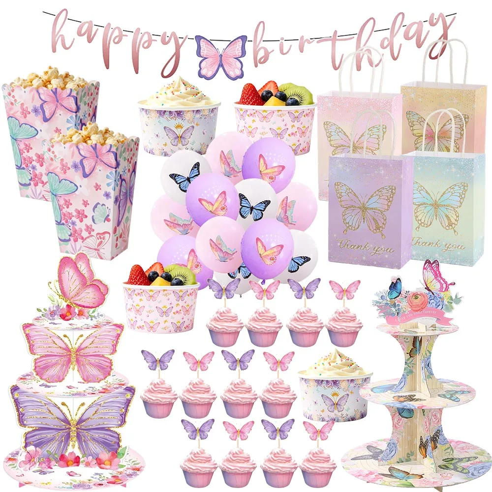 Schmetterlings-Motto-Party-Zubehör: Happy Birthday Banner, Cupcake-Ständer, Geschenktüten, Tortenaufsatz für Mädchen-Geburtstag und Babyparty-Dekoration – Detail 1
