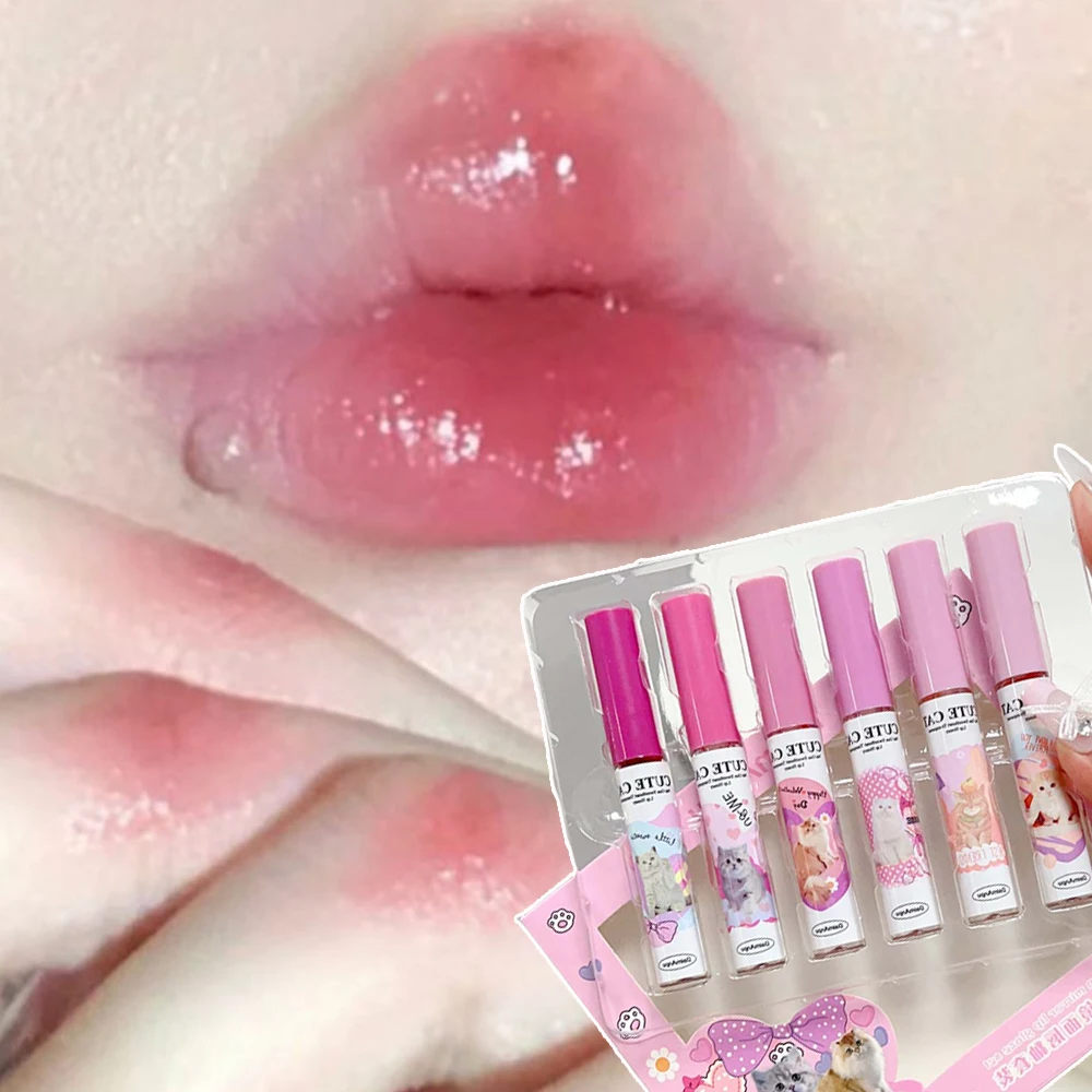 6 Stuks Spiegel Lip Glazuur Set Water Licht Kat Vloeibare Lippenstift Niet Gemakkelijk Te Vervagen Blijvende Waterdichte Lipgloss Rode Lippen Make-Up Cosmetisch