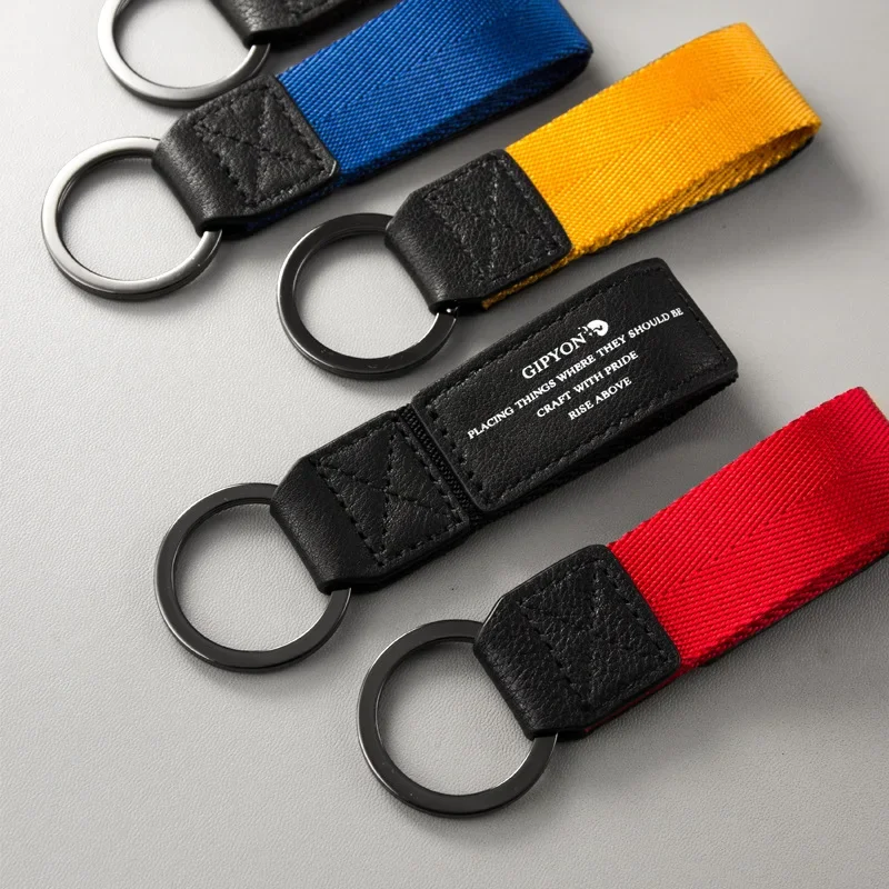 Fine Soft Leather Car Keychain Accessories Colorful Hand Woven Nylon Webbed Keyring Pendant Short Cowhide Key Chains for Friends