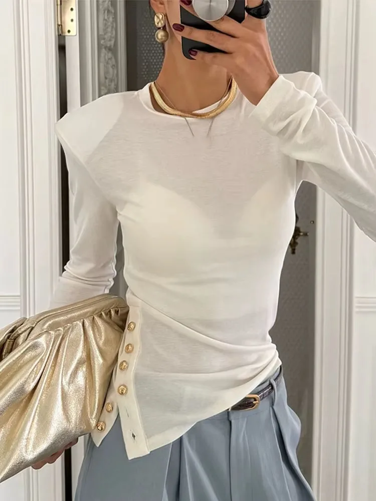 French Elegant T Shirts Solid Color Long Sleeve Irregular Forked Design Tops Female Slim Tees All Match Vintage Women's Clothing
