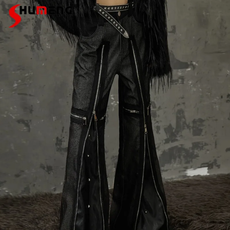 

Original Fashion Design Denim Trousers Heavy Industry Streetwear Punk Rivet Zipper Wide Leg Jeans Flared Pants Women's Clothing