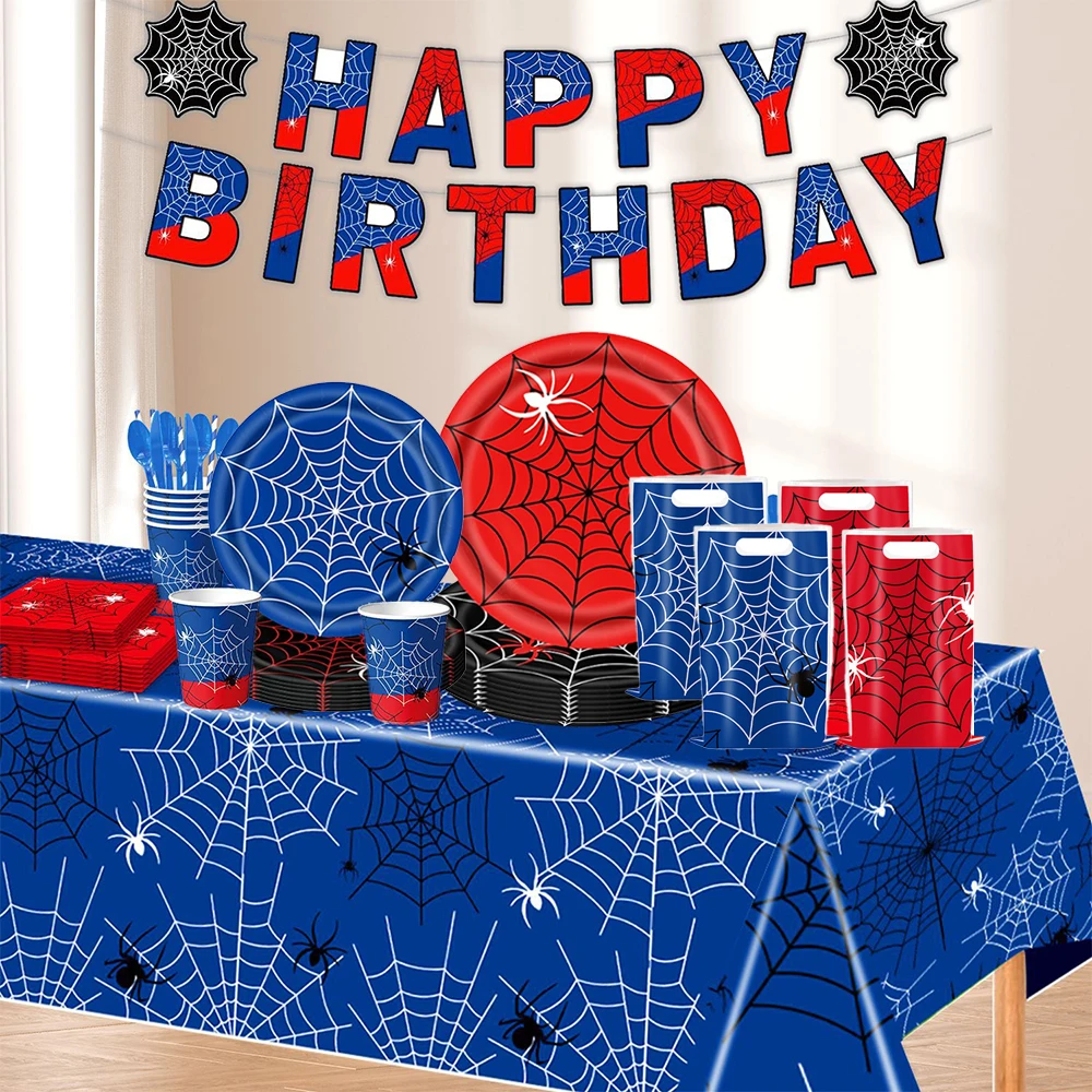 Spinnenpartyzubehör, rotes und blaues Spinnennetz, Geburtstagsbanner, Pappteller, Servietten, Tischdecke für Partydekorationen mit Spinnenmotiv – Detail 12