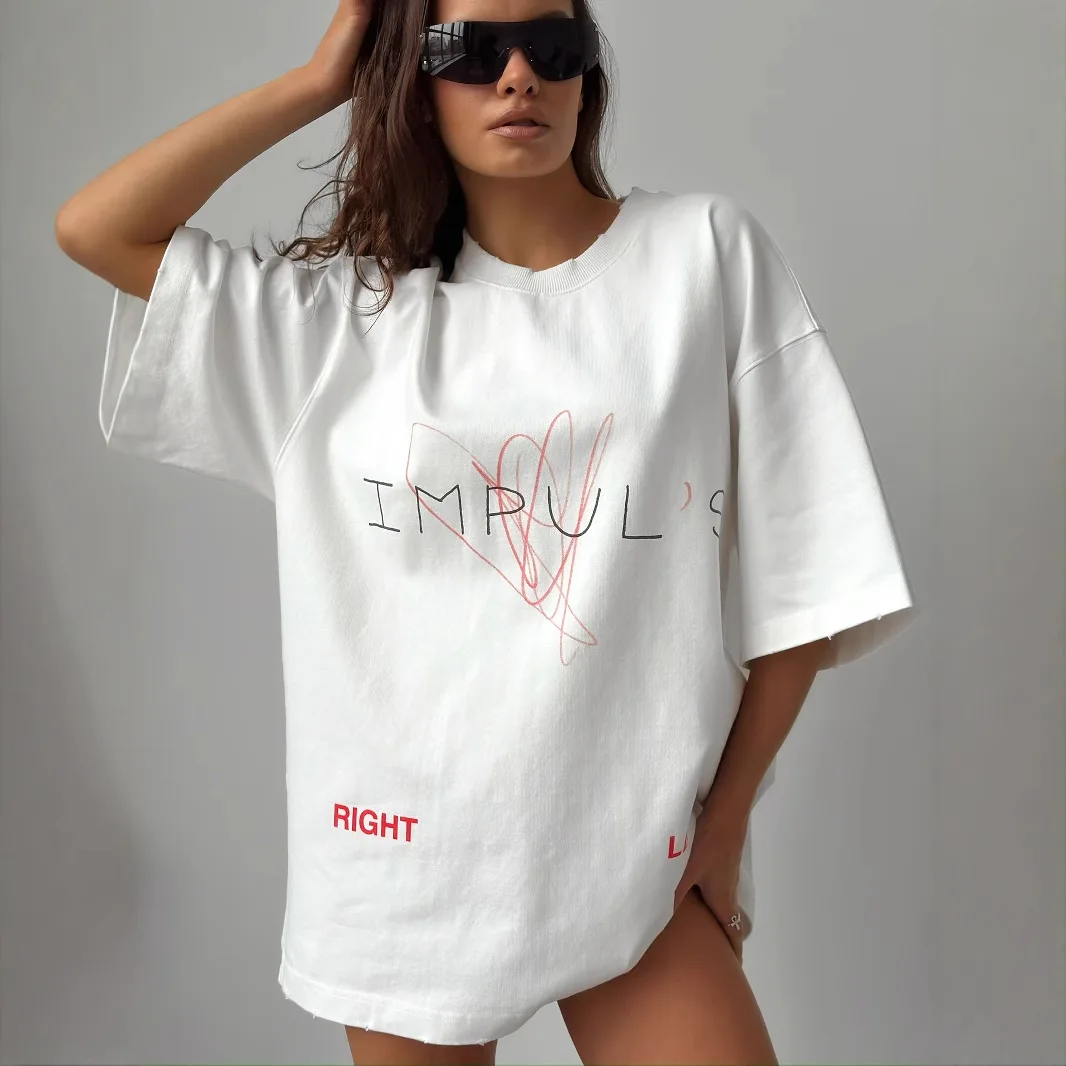 

Женская футболка с круглым вырезом и буквенным принтом 2025 SS, негабаритный повседневный уличный топ с нишевым дизайном