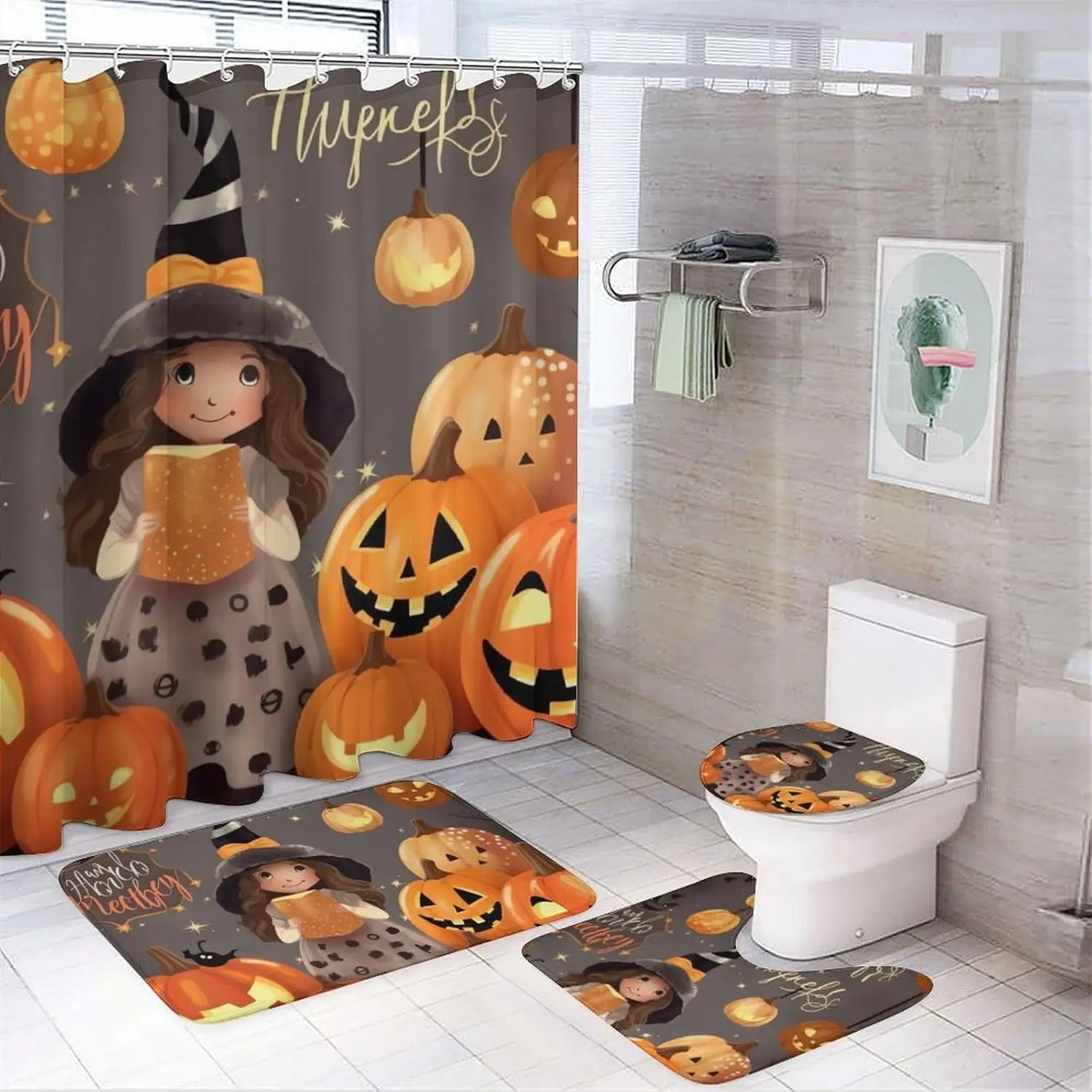 

4 Piece Shower Curtain Set with Rugs Toilet Lid Cover Bath Mat Happy-Halloween-Day-Trick-Or-Treat Bath Curtain Waterproof Shower