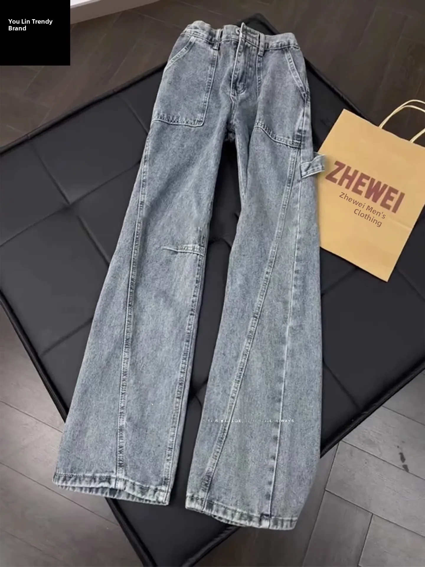 

Blue High Waist Straight Leg Men's Jeans Summer Workwear Distred Fabric Wear Resistant Non Stretch Water Waed Design