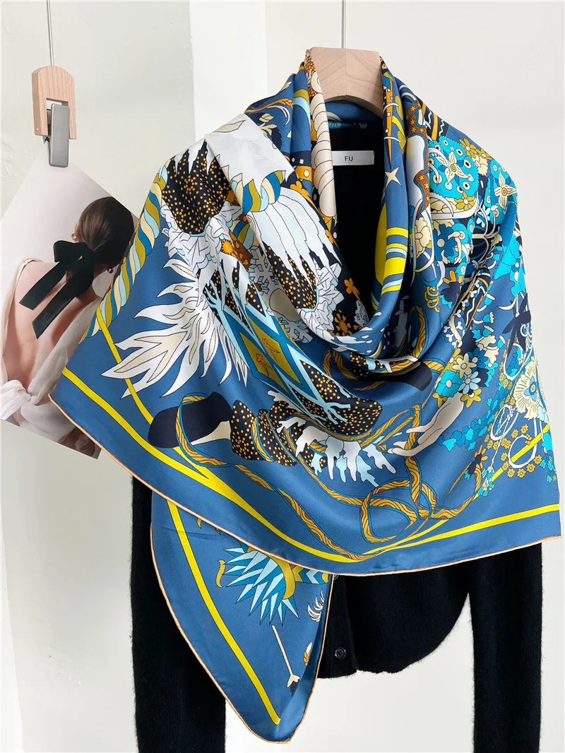 Le Sacre des Saisons Bufanda de seda de mora para mujer, chal grande de marca lujosa, dobladillos de sarga enrollados de diseñador, Foulard, estola de 135cm