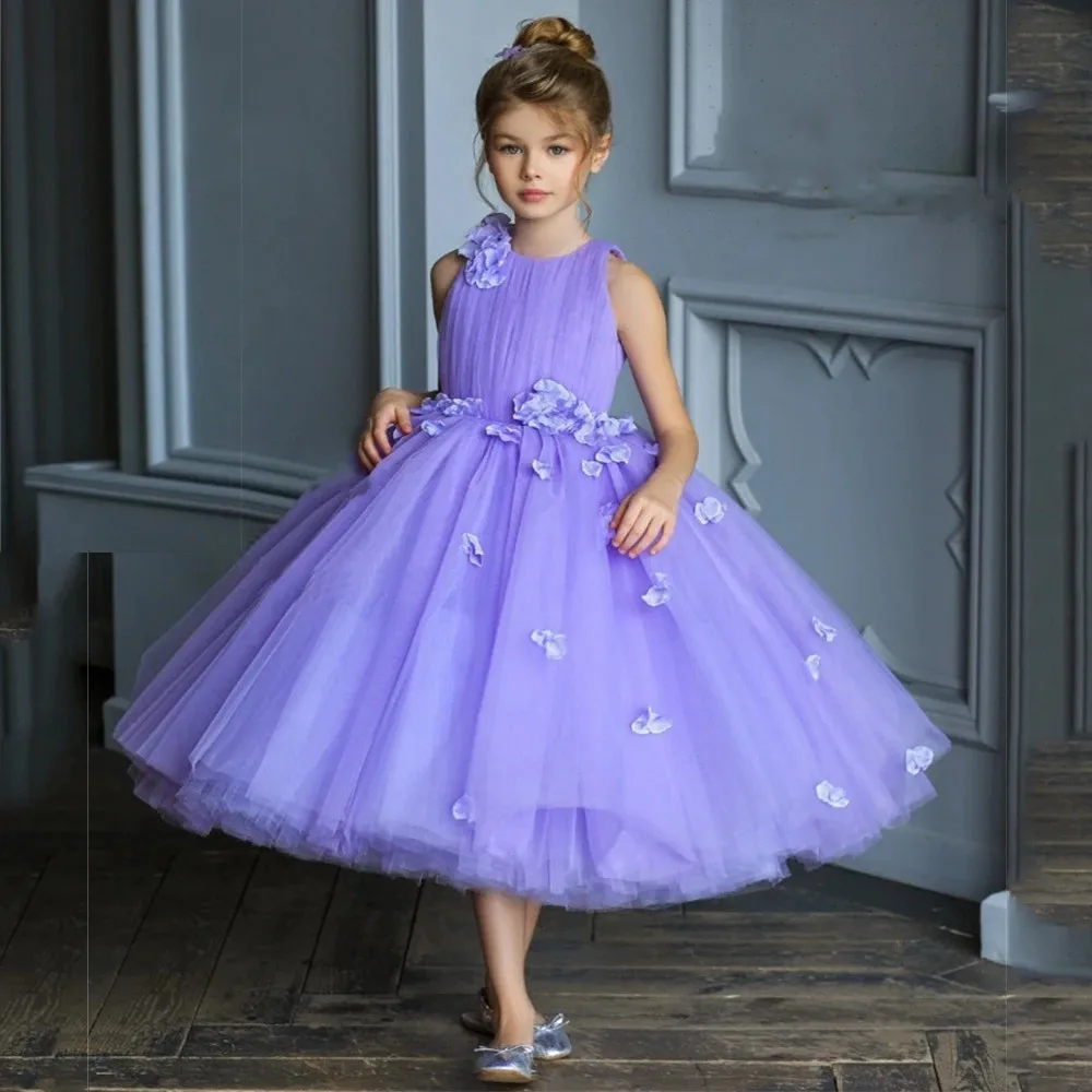 

Princess Tulle Puffy Flower Girl Dresses For Wedding Applique Sleeveless Birthday Party Ball Gown Kids First Communion Dress