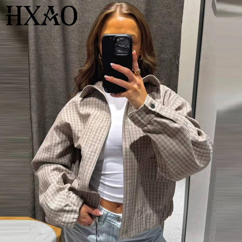 HXAO Karierte Cropped-Jacke für Damen, Bomberjacke, Herbst 2026, modische, lockere Jacke mit Reißverschluss, Langarm-Oberteil für Damen, Baseball-Oberbekleidung