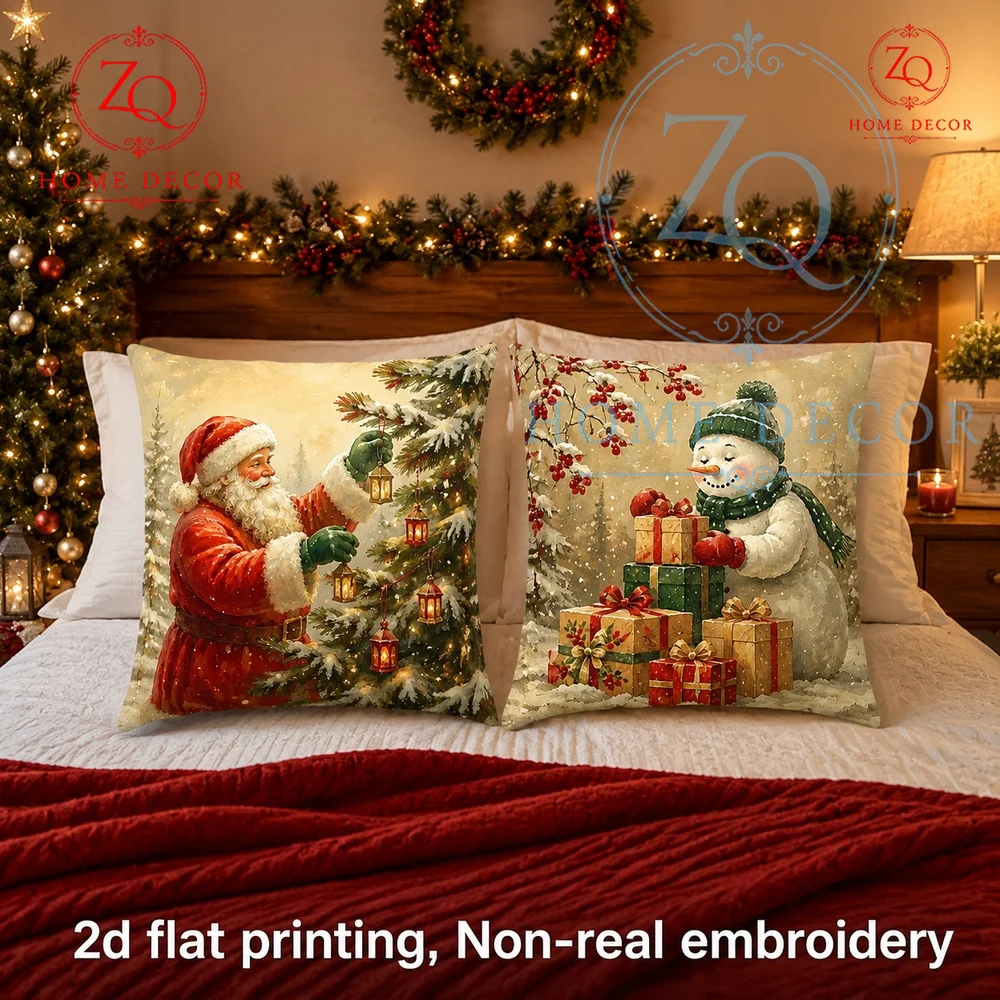 Vintage Christmas Santa Claus Throw Pillow Cover 18x18 inch Winter Snowy Holiday Cushion Case  Farmhouse Christmas Home Decor