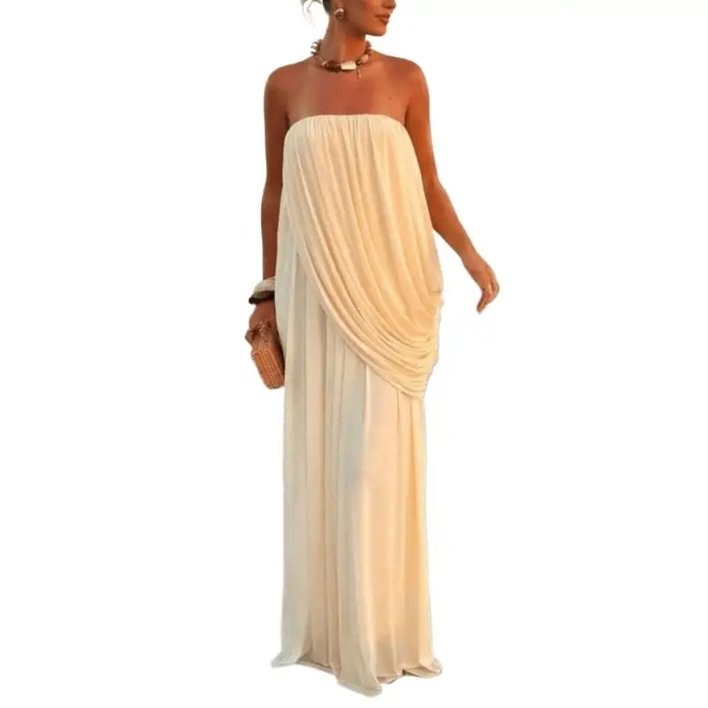 Elegantes Damen-Partykleid Einfarbig Sexy Falten-Design Schulterfreies Langes Kleid Modisches Design Unregelmäßiges Loses Kleid