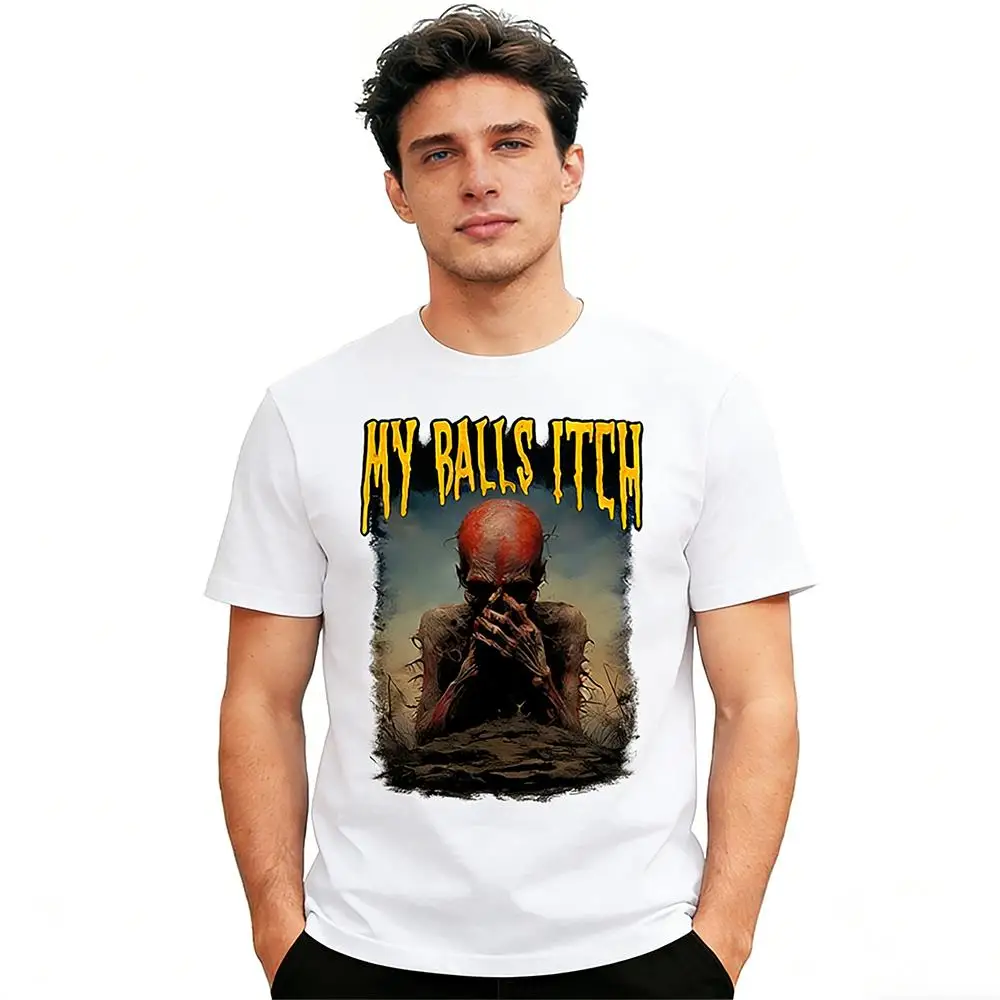 Funny My Balls Itch Meme Skeleton Graphic T-Shirt Men's Gothic Dark Horror Tee Men's And Women's Casual Oversized Streetwear