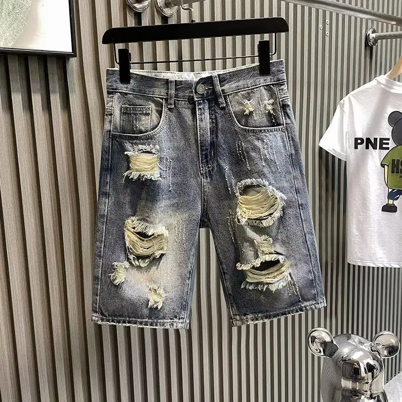 

Джинсовые шорты мужские, новинка 2025 года, модные брендовые летние тонкие потертые прямые свободные повседневные рваные брюки среднего размера с пятью точками