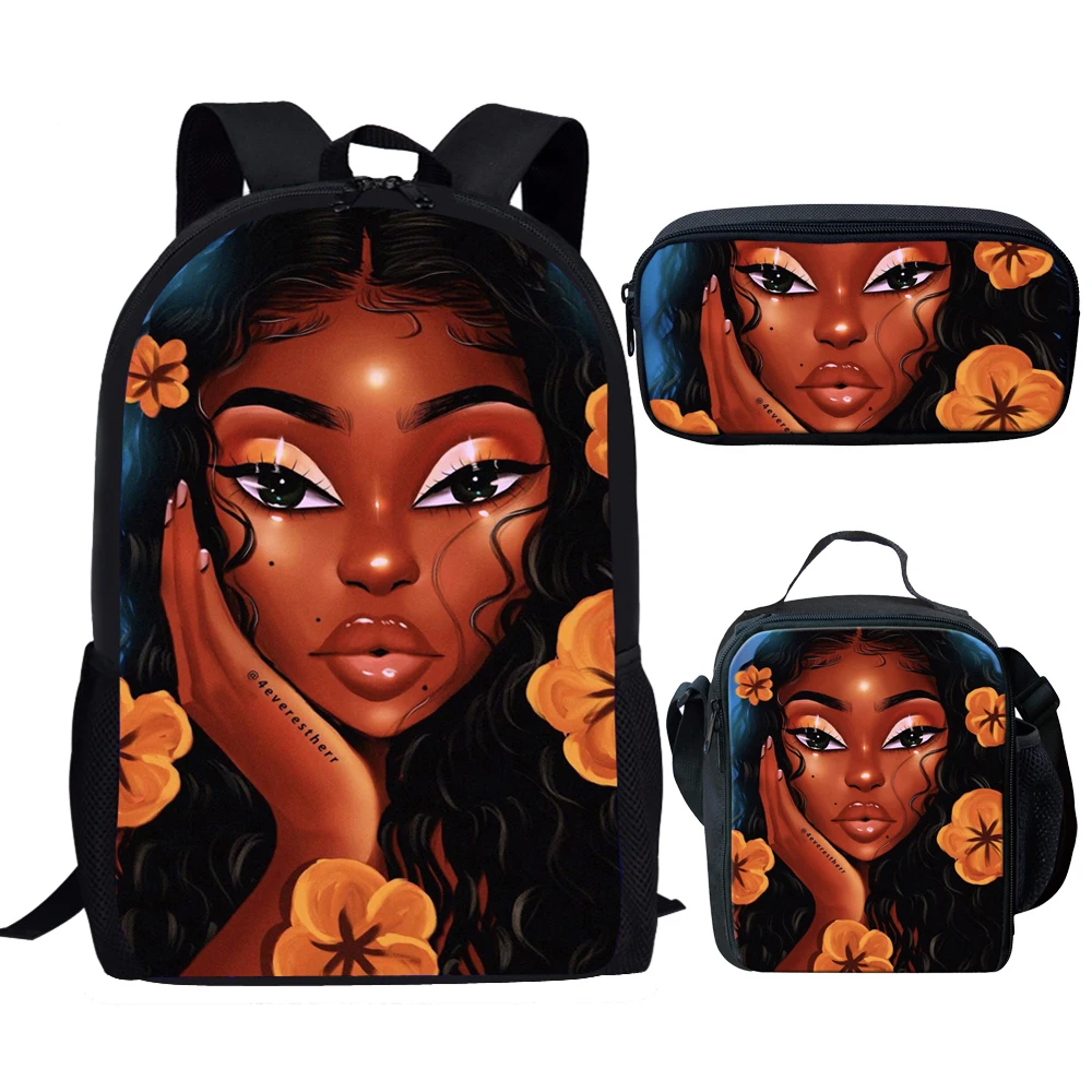 Meninas africanas 3D Print School Bags, Popular e Criativo, Novidade, Aluno, Mochila para Laptop, Mochila, Lunch Bag, Lápis, 3pcs por conjunto