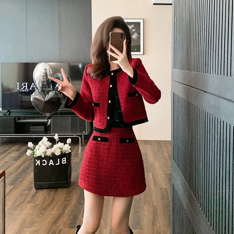 New Woman\'s Autumn Winter Small Fragrance Short Blazer Mini Skirt Suit Retro Contrast O Neck Tweed Suit Overskirt Two-piece Set