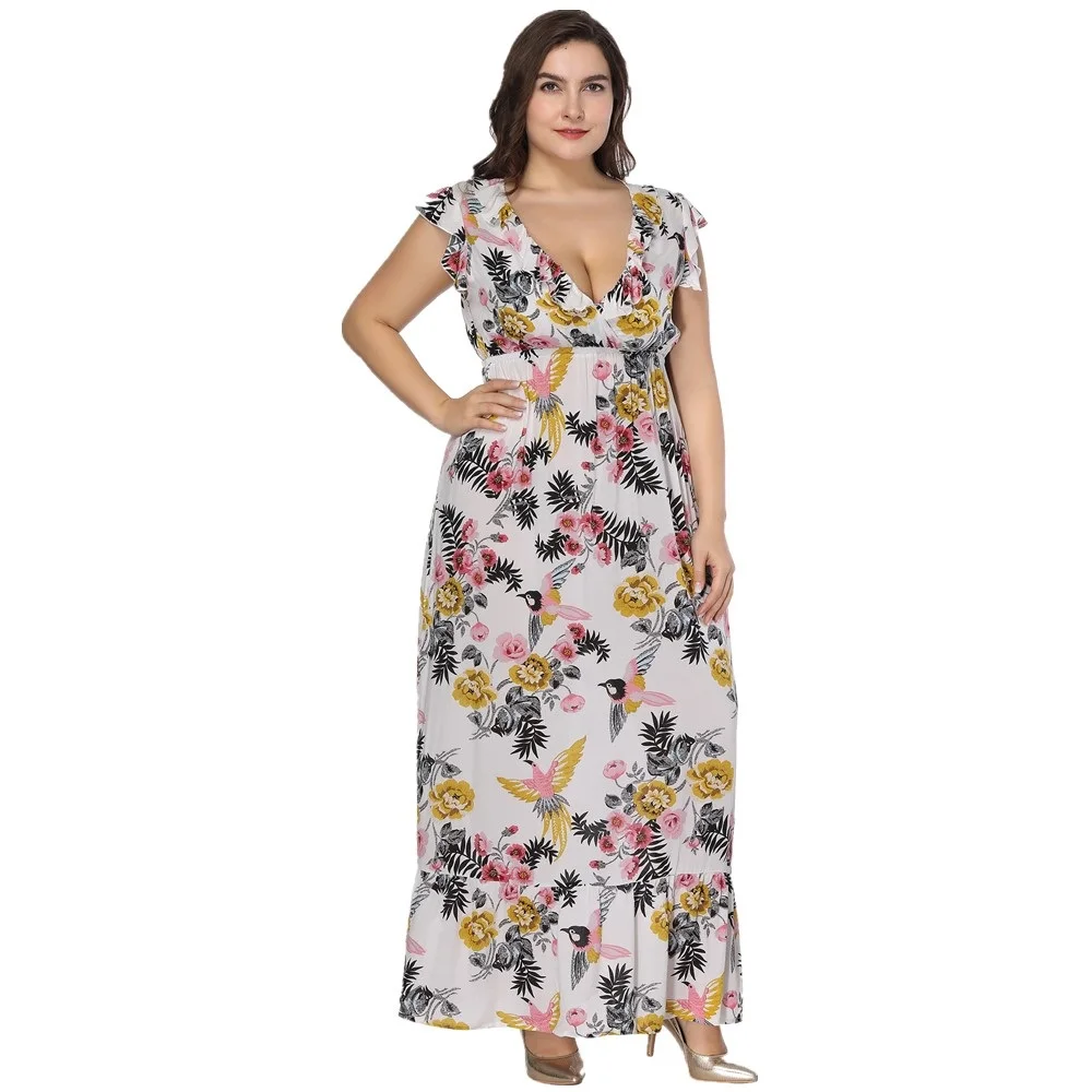 Plus Size Short Sleeve V Neck Floral Print Maxi Long Beach Dresses For Women