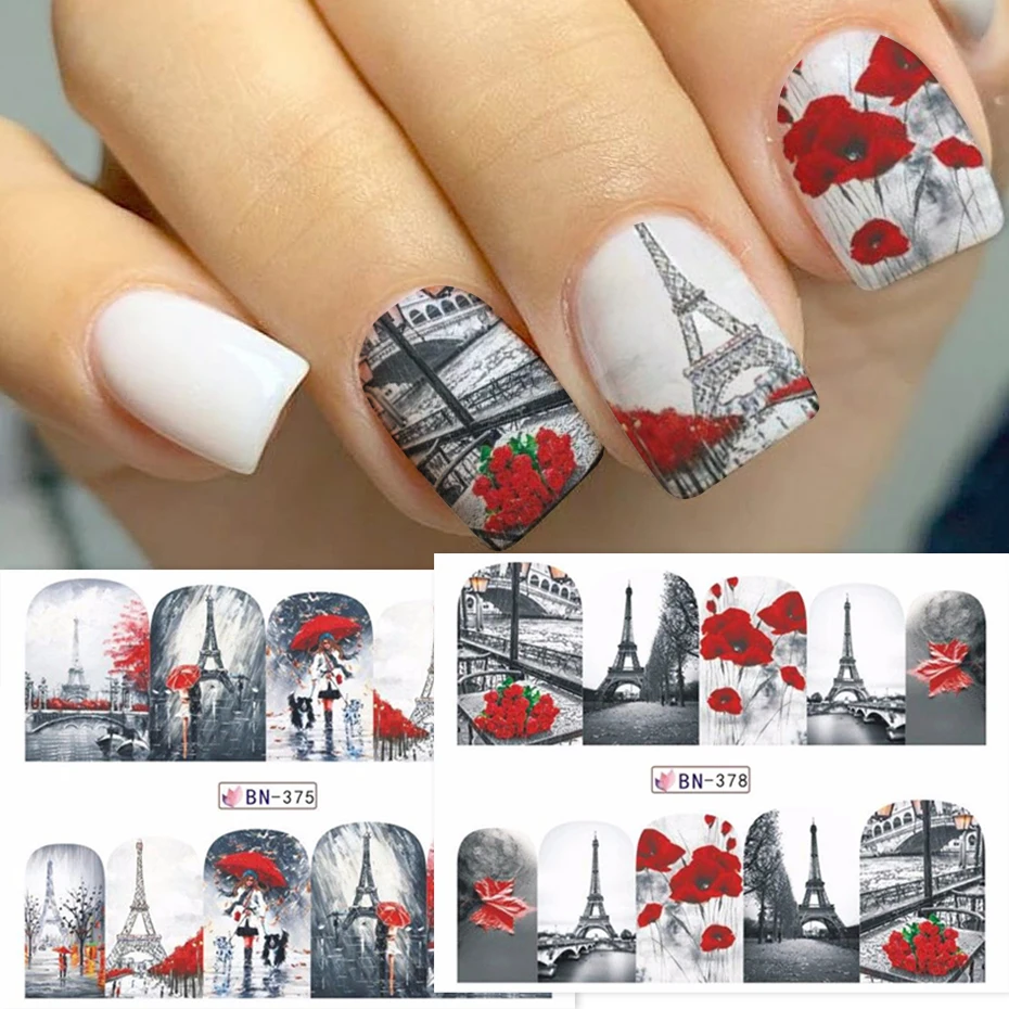 12 Designs Water Nail Art Transfer Sticker Sliders Red Maple Romantic Valentines Designs Decal Manicure Decorations JIBN373-384