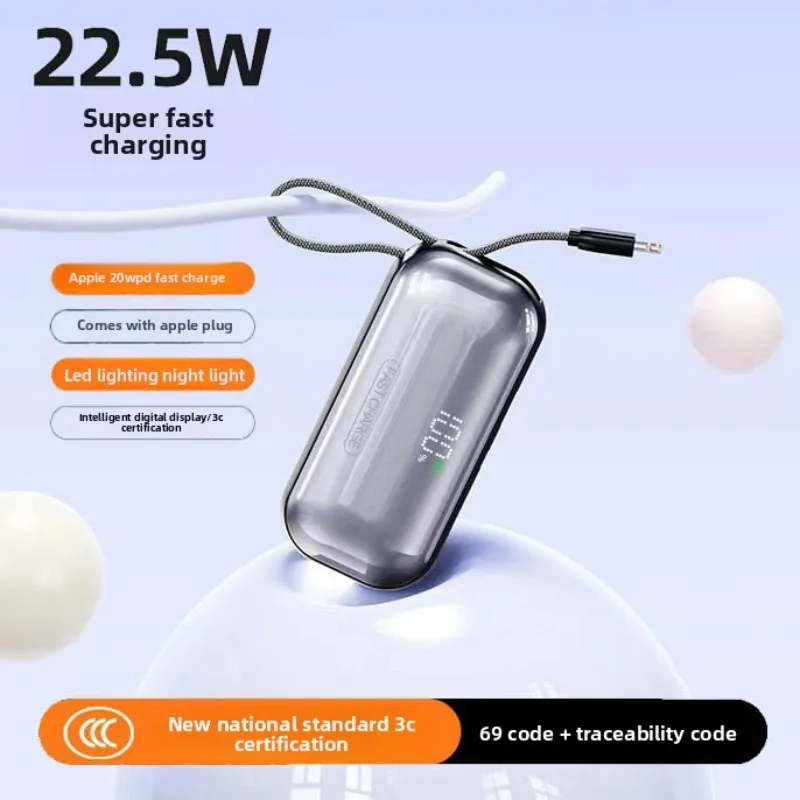 (CCC) 5000mAh 22.5W Power Bank for IPhone Xiaomi Mobile Phone Mini Portable Power Bank with Built-in Cable and Stand