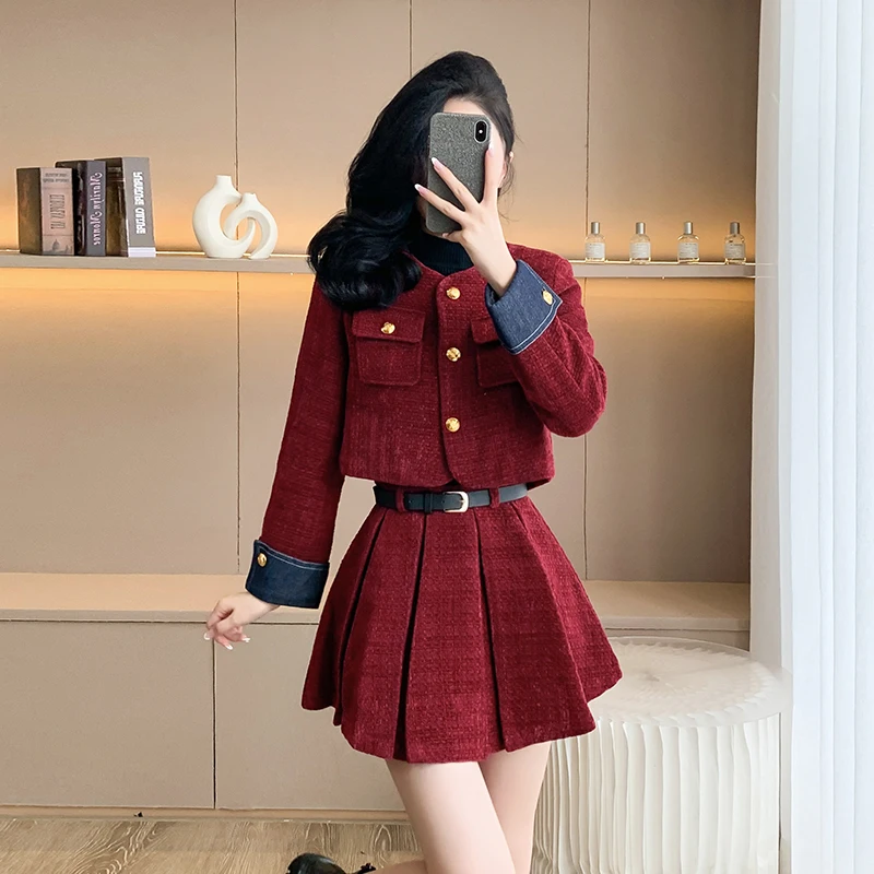 Luxury Korean Fashion Vintage Women Autumn Winter Tweed 2 Piece Set Short Coat Outwer+Casual Party Mini Skirts Sets