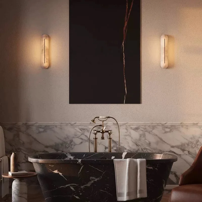 

Modern Nordic Spanish Natural Marble Wall Sconce, Dimmable Long Brass Lustre Lamp for Living Room Bar, Minimalist Decor Light