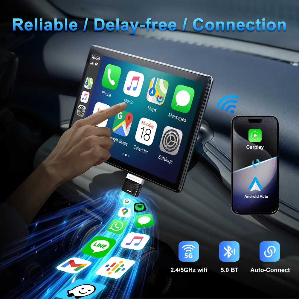 محول صغير 2 في 1 AI Box سلكي إلى Carplay اللاسلكي وAndroid Auto متوافق مع 99% من توصيل السيارات والتشغيل WiFi Smart Dongle #2