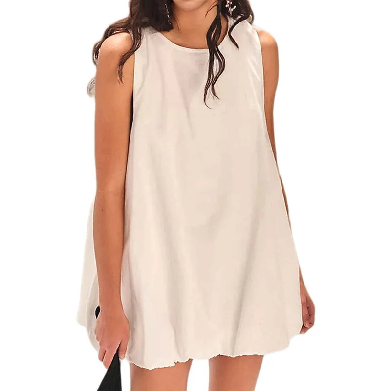 فستان ABP-Mini للنساء صيفي بدون أكمام وربطة عنق خلفية بدون أكمام فستان قصير برقبة دائرية مع جيوب
