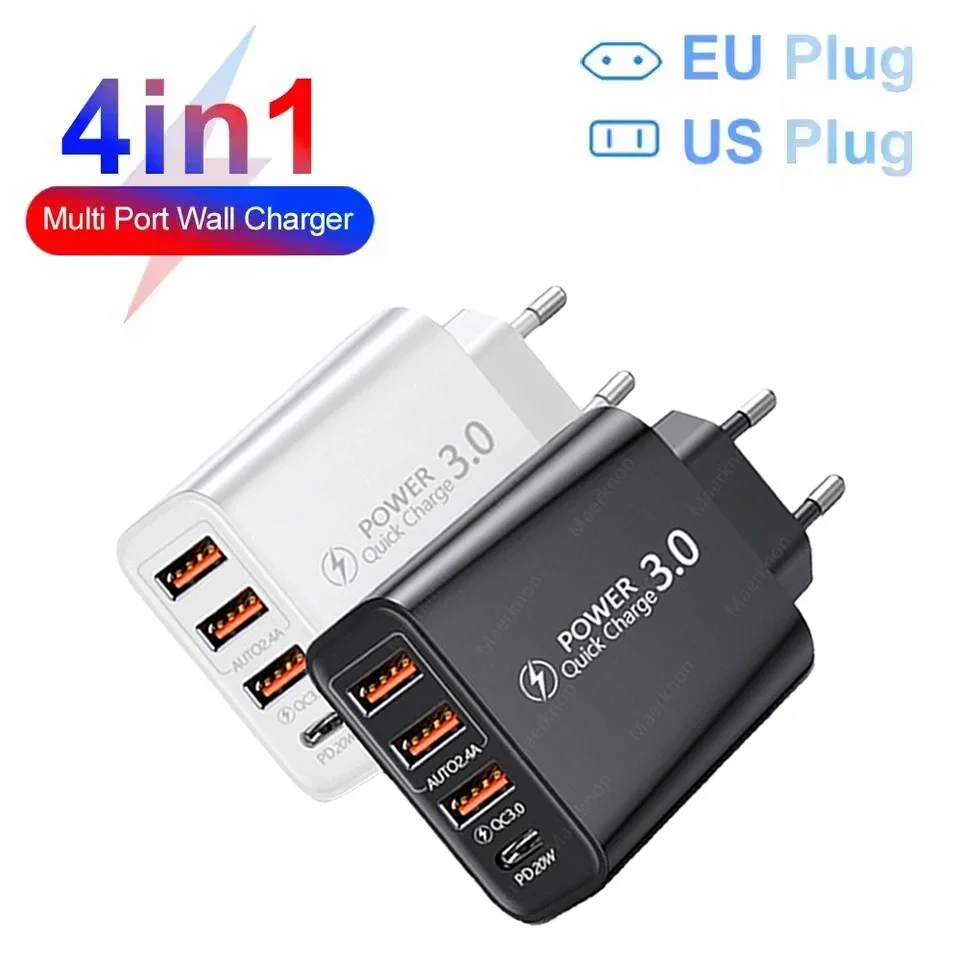 شاحن USB-C بقوة 60 واط، مزود بأربعة منافذ، يدعم الشحن السريع للهواتف، متوافق مع أجهزة iPhone وSamsung وXiaomi، وشاحن سريع بقابس أوروبي/أمريكي.