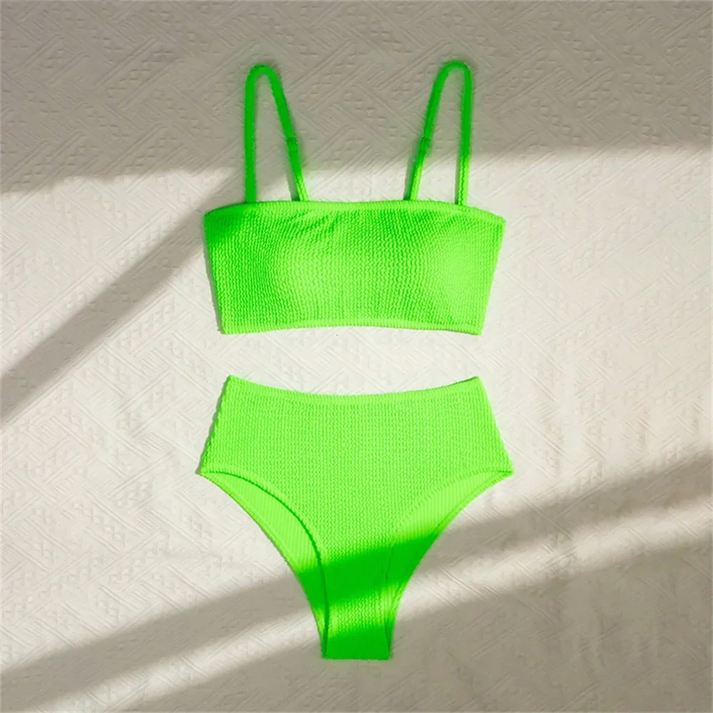 Costume da bagno bikini verde neon a vita alta con pieghe push up Sling Tankini Costumi da bagno per le vacanze Costume da bagno da donna Set da spiaggia Abiti estivi