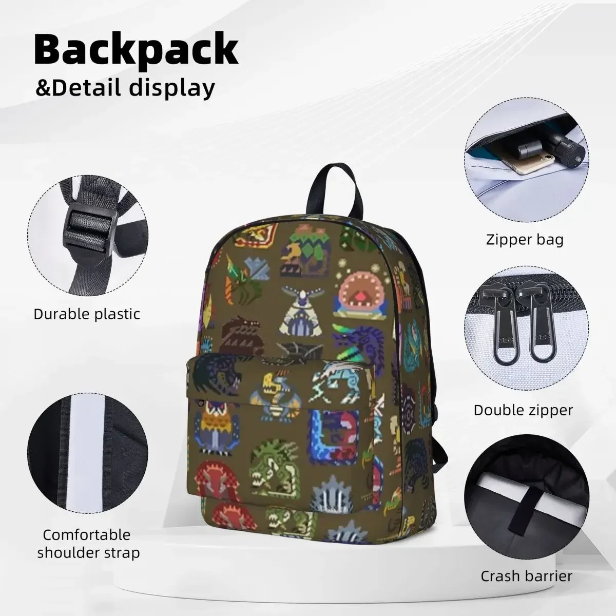 Large Monsters! Backpack Casual Student School Bag Laptop Rucksack Travel Rucksack Large Capacity Bookbag