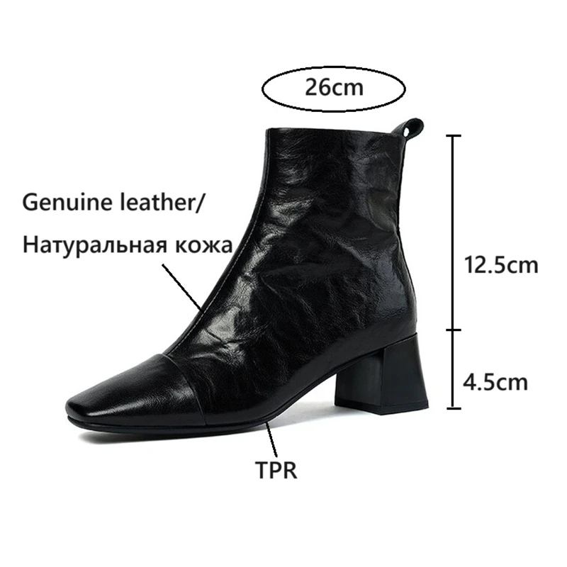 NEW Autumn Women Boots Gnueine Leather Shoes for Women Square Toe Chunky Heel Shoes Black Zip Ankle Boots Zwięzłe Nowoczesne Buty