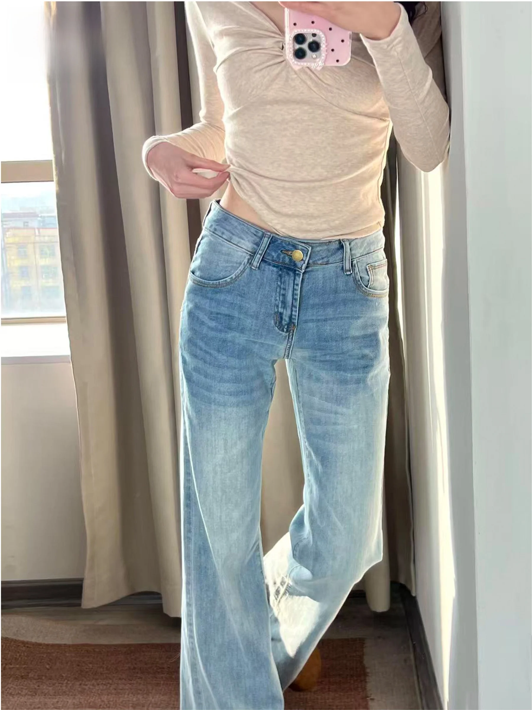 

Женские летние джинсы-клеш с низкой посадкой, светлые, облегающие, в американском стиле, для невысоких девушек, не обтягивающие, не леггинсы