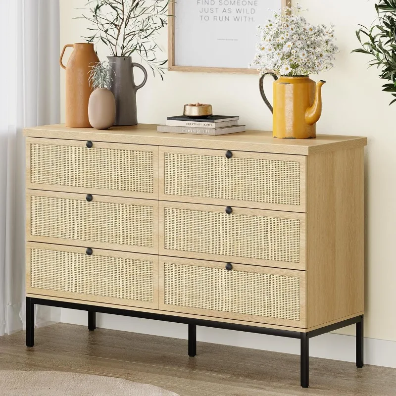 Natural Rattan 6 Drawer Double Dresser for Bedroom, Industrial Wood Clothing Organizer Boho Dresser, Wide Storage Chest