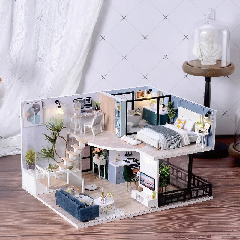 

DIY Wooden Moder Loft Roombox Assembled 3D Model DollHouse Kits Miniature with Furniture Light for Children Adult Birthday Gifts