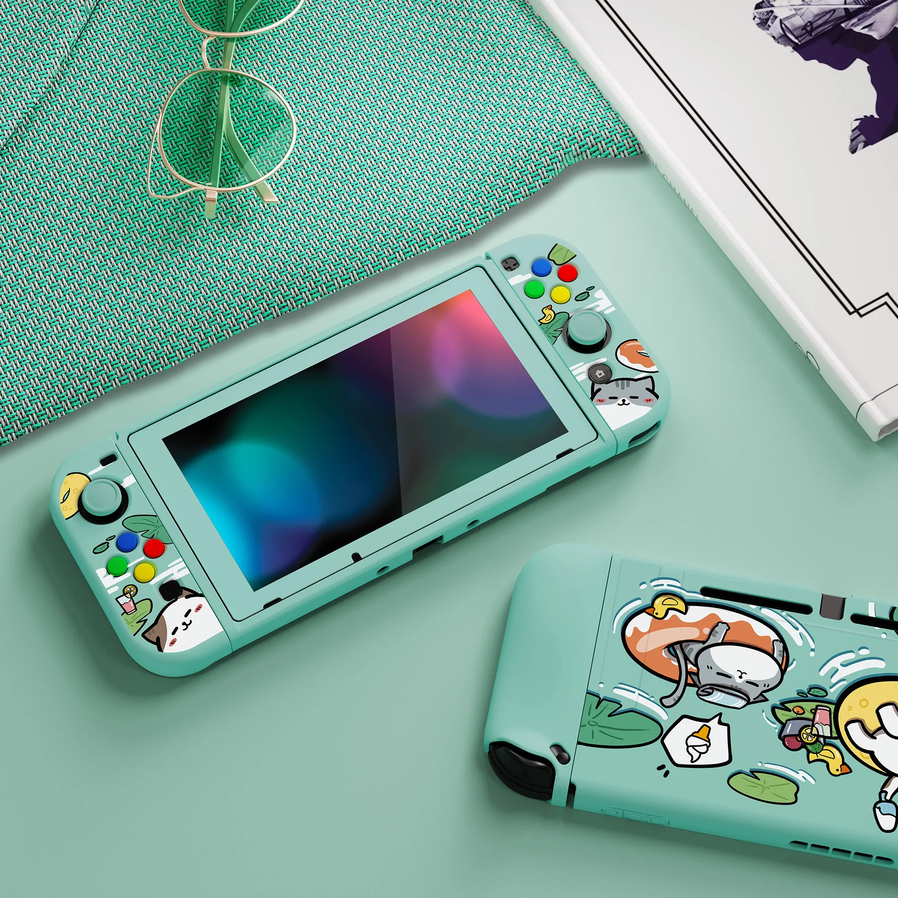 PlayVital-ZealProtect 소프트 보호 케이스, 엄지 그립 및 방향 버튼 캡 및 강화 유리 화면 보호기가있는 스위치 용