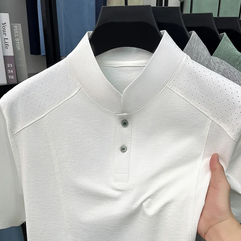 Mens Mandarin Stand Collar Raglan Perforated Shoulder Two Button Henley Short Sleeve Polo Shirts Breathable Summer Business Tops