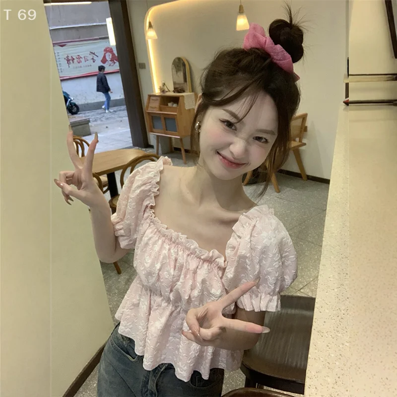 

For Women's Summer New Style, Trendy Short Jacquard Top Korean Ins Style Square Neck Mushroom Edge Bubble Sleeve Shirt