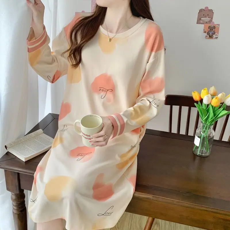 

Female Women Sleep Dress Spring Autumn Long Sleeves Nightgowns Pajamas Round Neck Nightdress Cotton Home Clothes Dress New Style