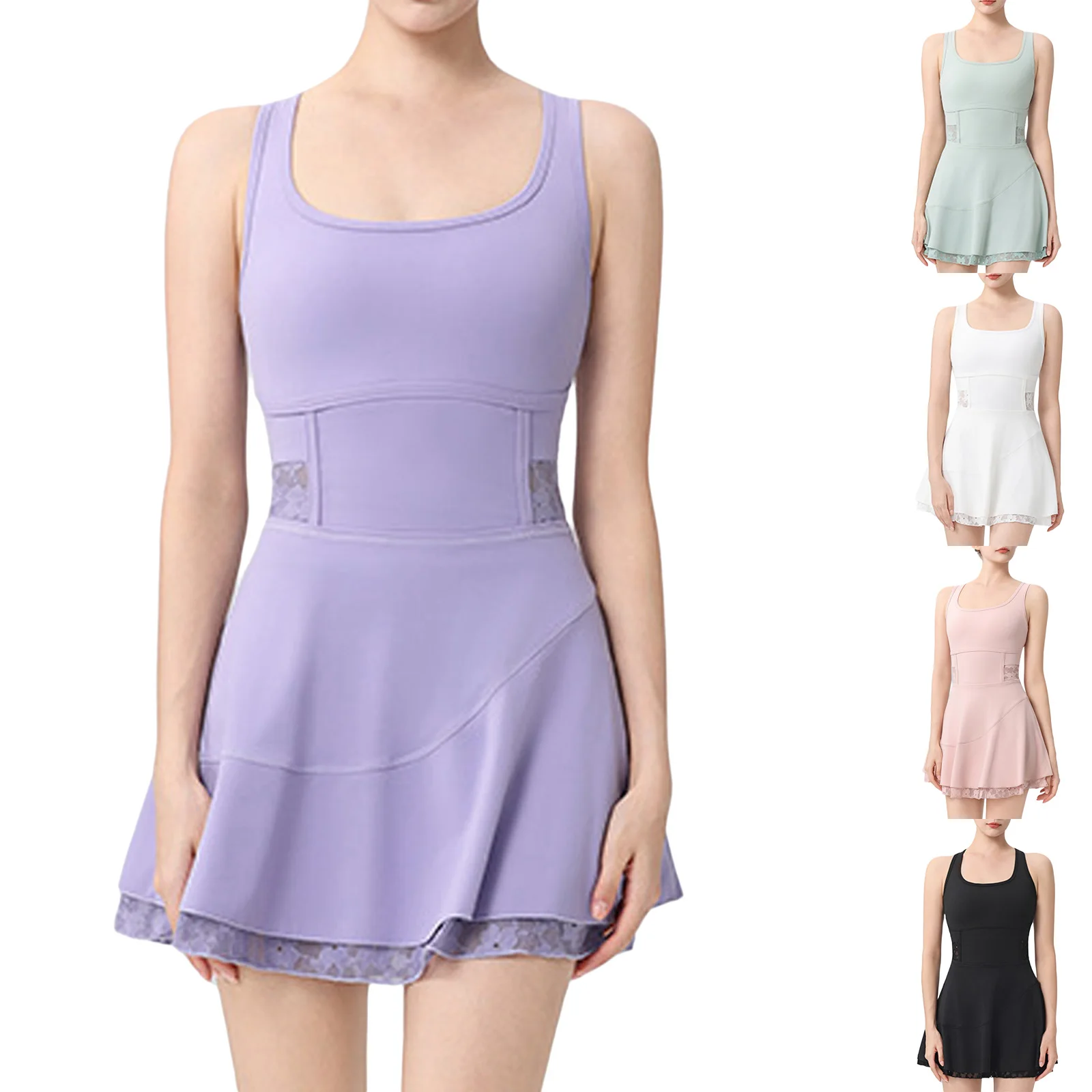#S-XL Lace Criss‑cross Back Tennis Outfit, Solid Color Splice, Built‑in Safety Shorts For Badminton Outdoor Activities