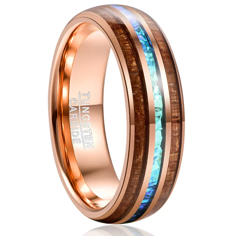 BONLAVIE Wood Tungsten Carbide Ring For Men 6MM Rose Gold Acacia Opal Dome tungsten Steel Ring Anillo Hombre