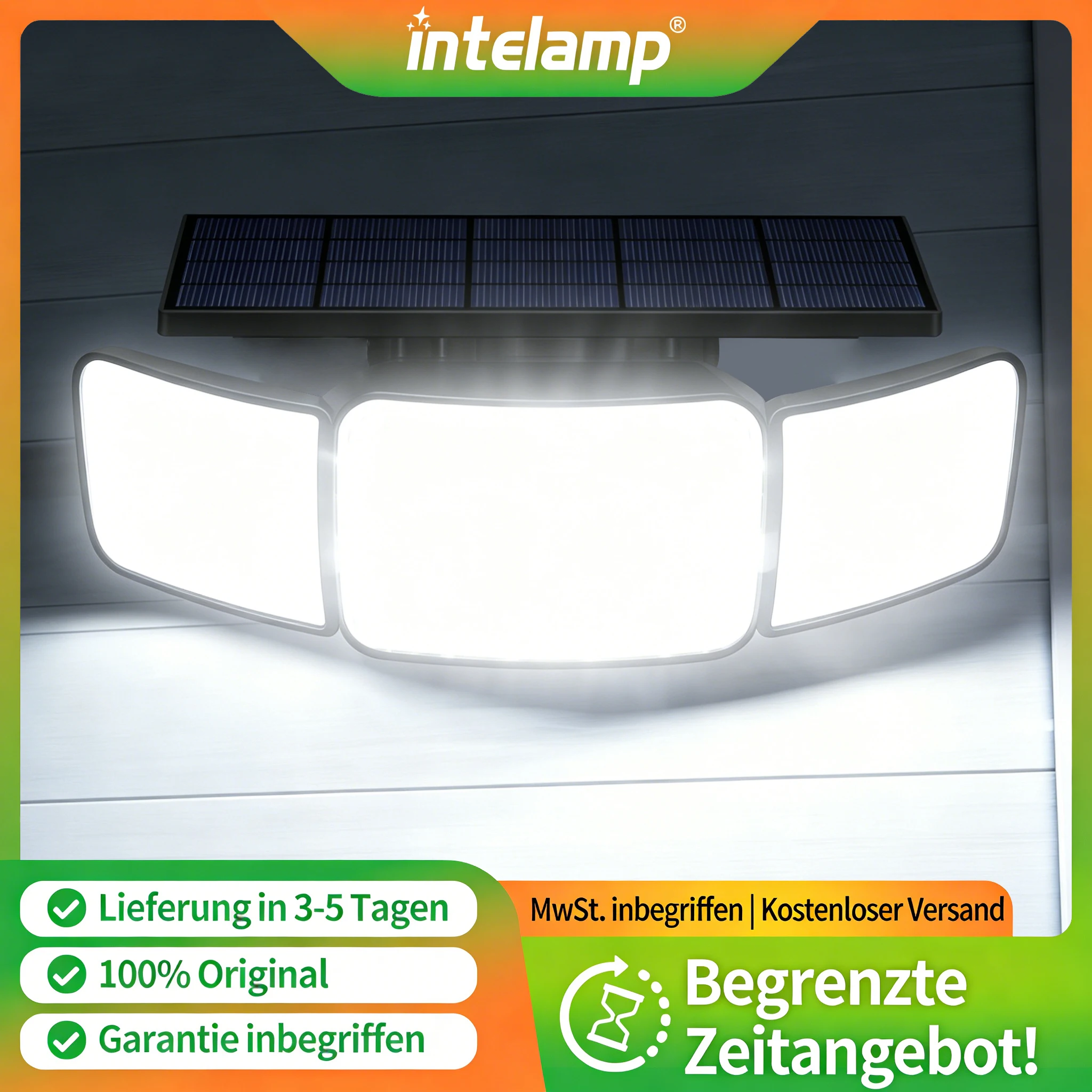intelamp Solarleuchte für den Außenbereich, 6000 mAh, Solarleuchte für den Außenbereich mit Bewegungssensor, 1200 lm, IP65, Außenbeleuchtung, LED-Sicherheitsscheinwerfer, Außenwandbeleuchtung