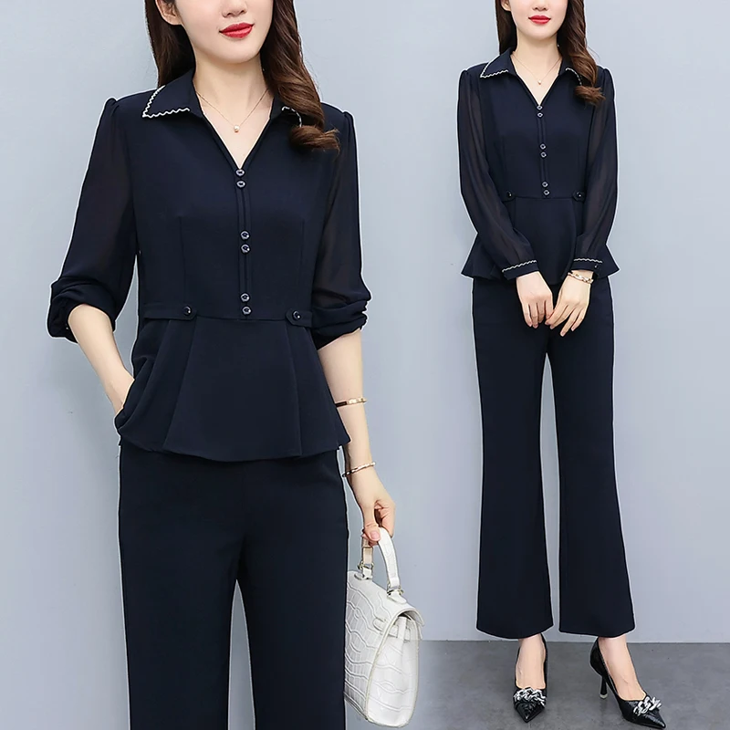 

Women Fashion Oversize Pantsuits Pants Sets For Spring Autumn 2023 New Office Lady Button Pullover Ruffles Top 2 Pieces Outfits