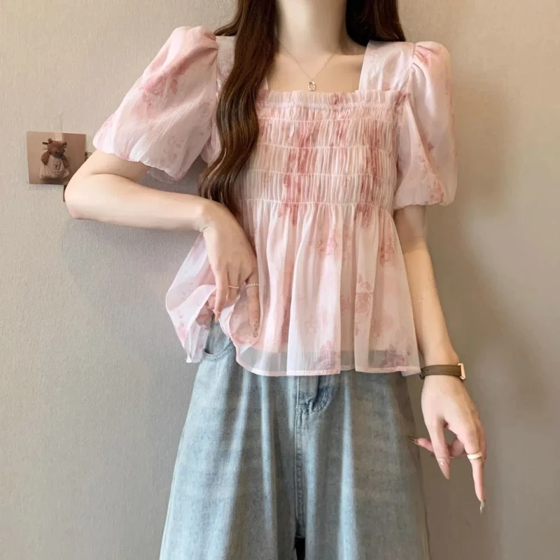 

Sweet Chiffon Floral Blouse Summer New Short Sleeve Pleated Printing Cute Shirt Tops Fashion High Street Trend Women Clothing