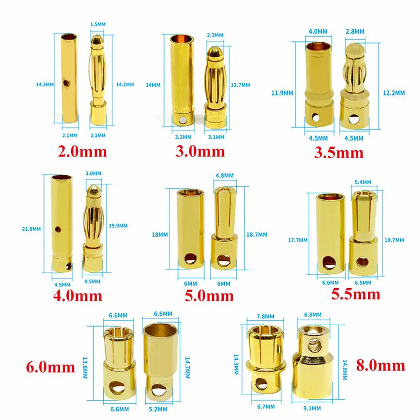 1Pair 2/3.0/3.5/4/5.0/5.5/6.0/8.0MM RC Battery Gold-plated Bullet Banana Plug High Quality Male Female Bullet Banana Connector