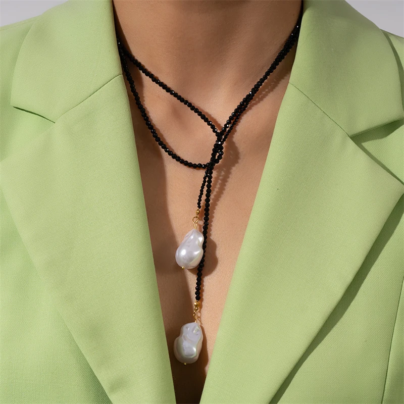 Vintage grüne Kristallperlen-Anhänger-Halskette für Frauen, minimalistische handgefertigte Perlen, lange verstellbare Halskette, Halskette, Schmuck – Detail 11