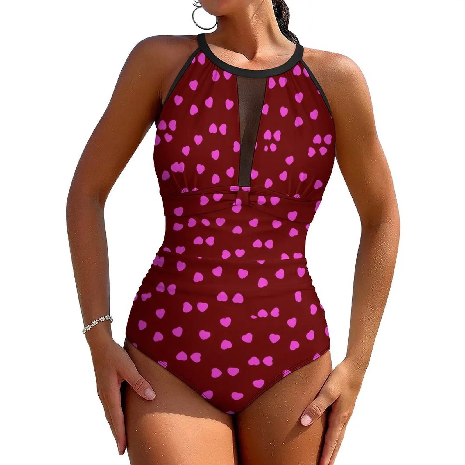 Pink Hearts Pirnt Swimsuit Happy Valentine One-Piece Swimwear Push Up Stylish Bathing Suit Sexy Beach Pattern Swimsuits