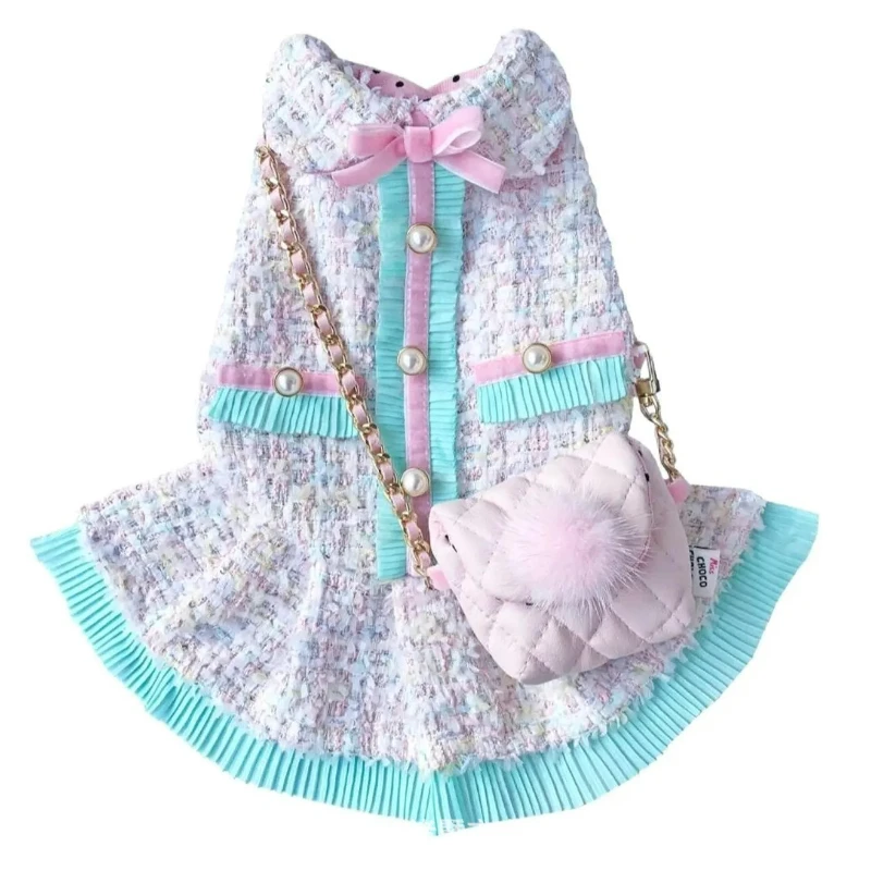 

Твидовое платье принцессы для собак со съемной сумкой, одежда для щенков для Бишон, Чихуахуа, маленьких собак, милый костюм для домашнего животного для фото, вечеринки