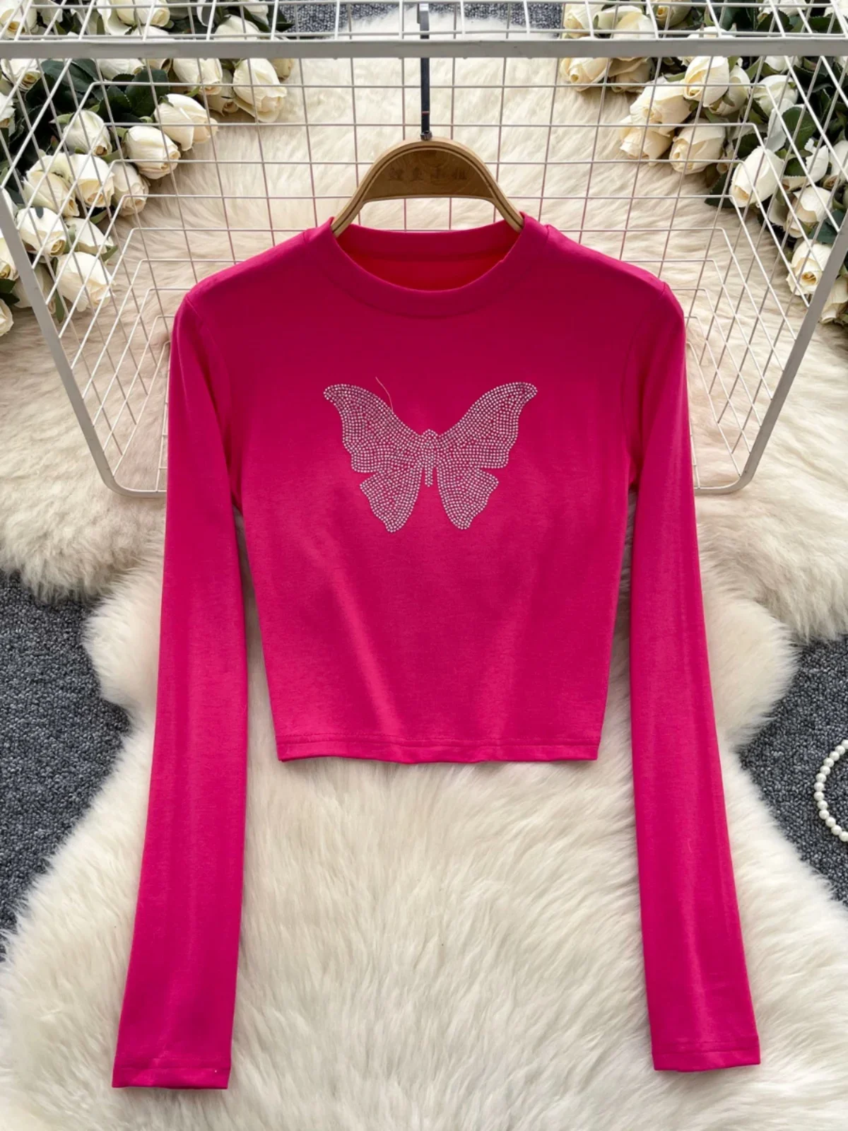 Chic Fashion Beaded Shirt Women's 2024 Autumn Butterfly Diamond Slim Long-sleeved Tees Cropped Tops Y2k Streetwear