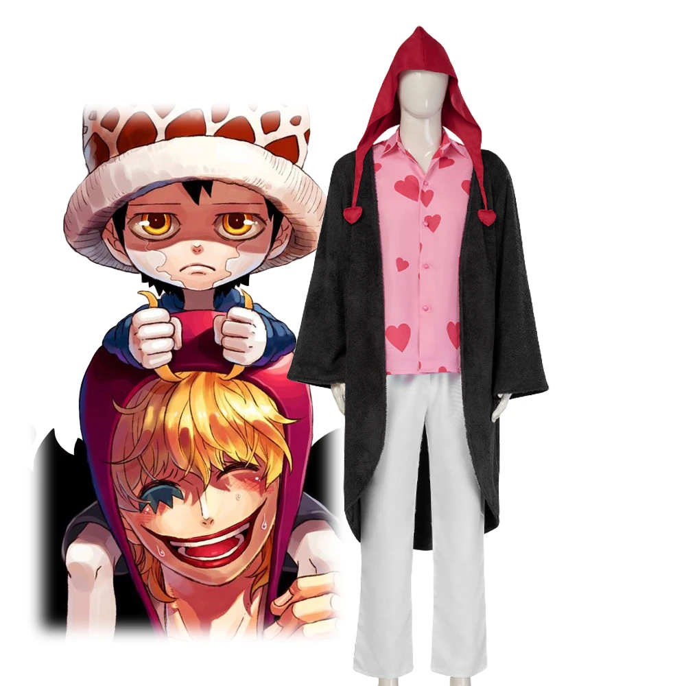Traje de Carnaval de Halloween Donquixote Rosinante Corazon disfraz de Cosplay chaqueta de felpa negra capa camisa rosa sombreros rojos pantalón blanco hombre