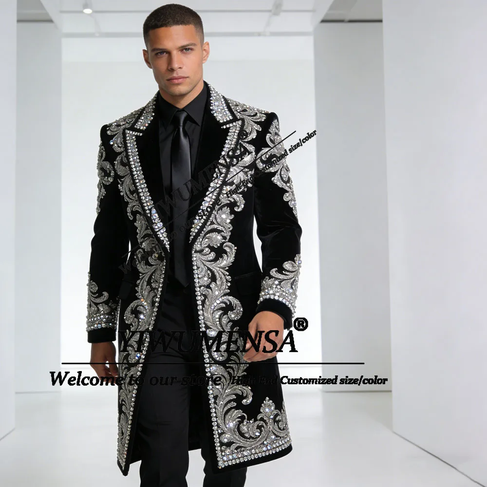 الفاخرة مطرز الأحجار حلية دعوى الرجال 2 قطعة مجموعة واحدة الصدر المخملية طويلة مخصصة العريس الزفاف البدلات الرسمية Terno Masculinos